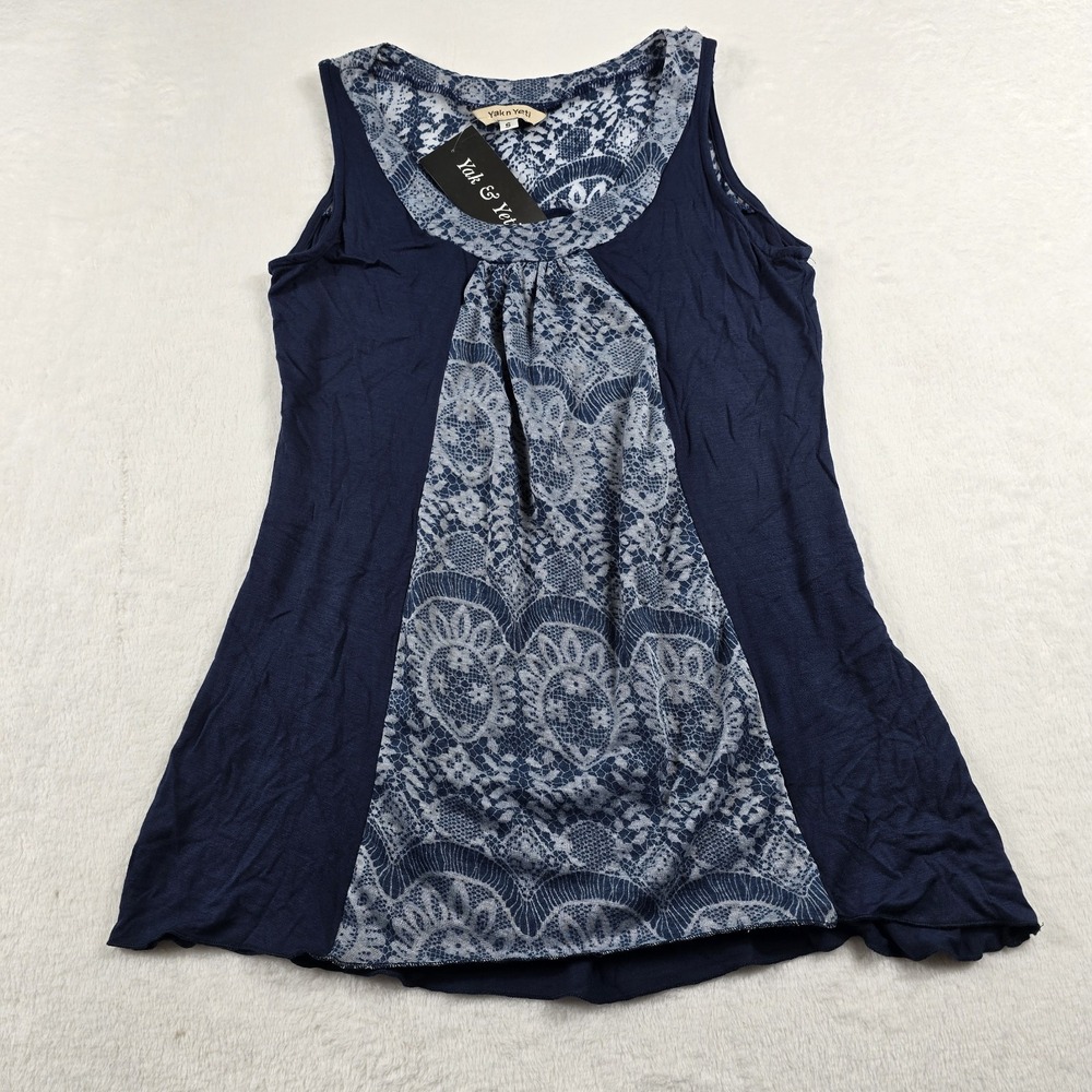 Yak & Yeti Sleeveless Blouse Navy Blue Boho Lace Women Size Small New